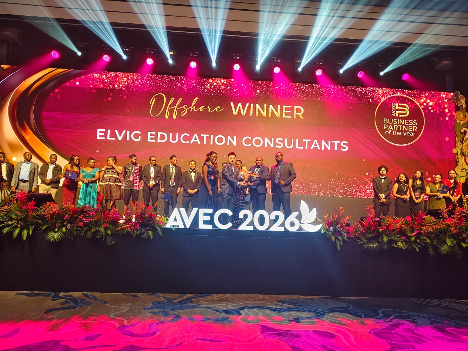 Elvig Education Consultants on stage after being recognised as Offshore Business Partner of the Year at AVEC 2026.